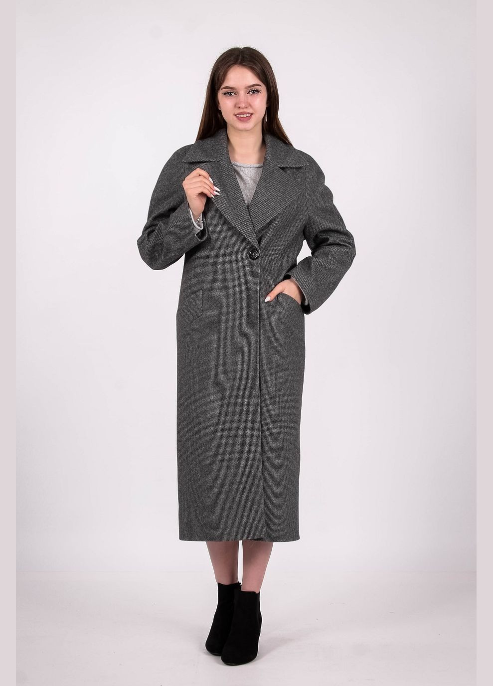 Сіре демісезонне Пальто подовжений жіноча 057 гусяча лапка кашемір сіра Актуаль
