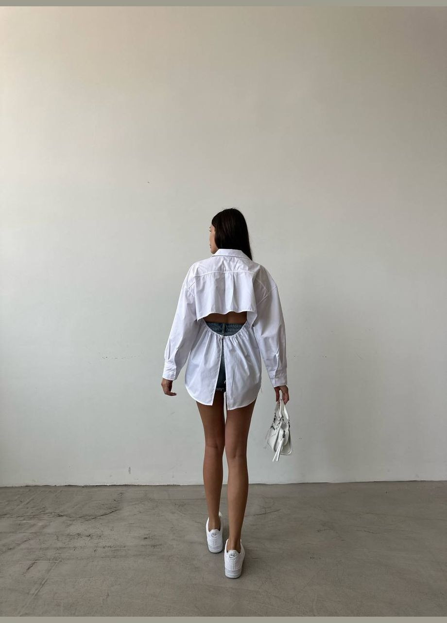 Однотонна біла oversize сорочка в стилі Zara з довгим рукавом, вкорочена ззаду сорочка (з відкритою спиною) No Brand 218 (282477106)