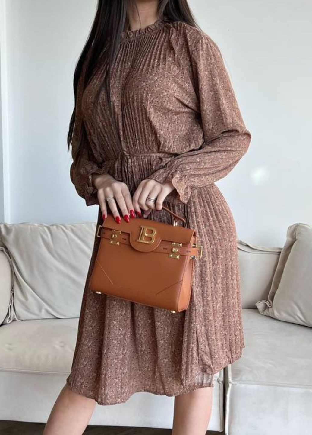 Кофейное повседневный платье меди под пояс с рукавом фонарик Allthings