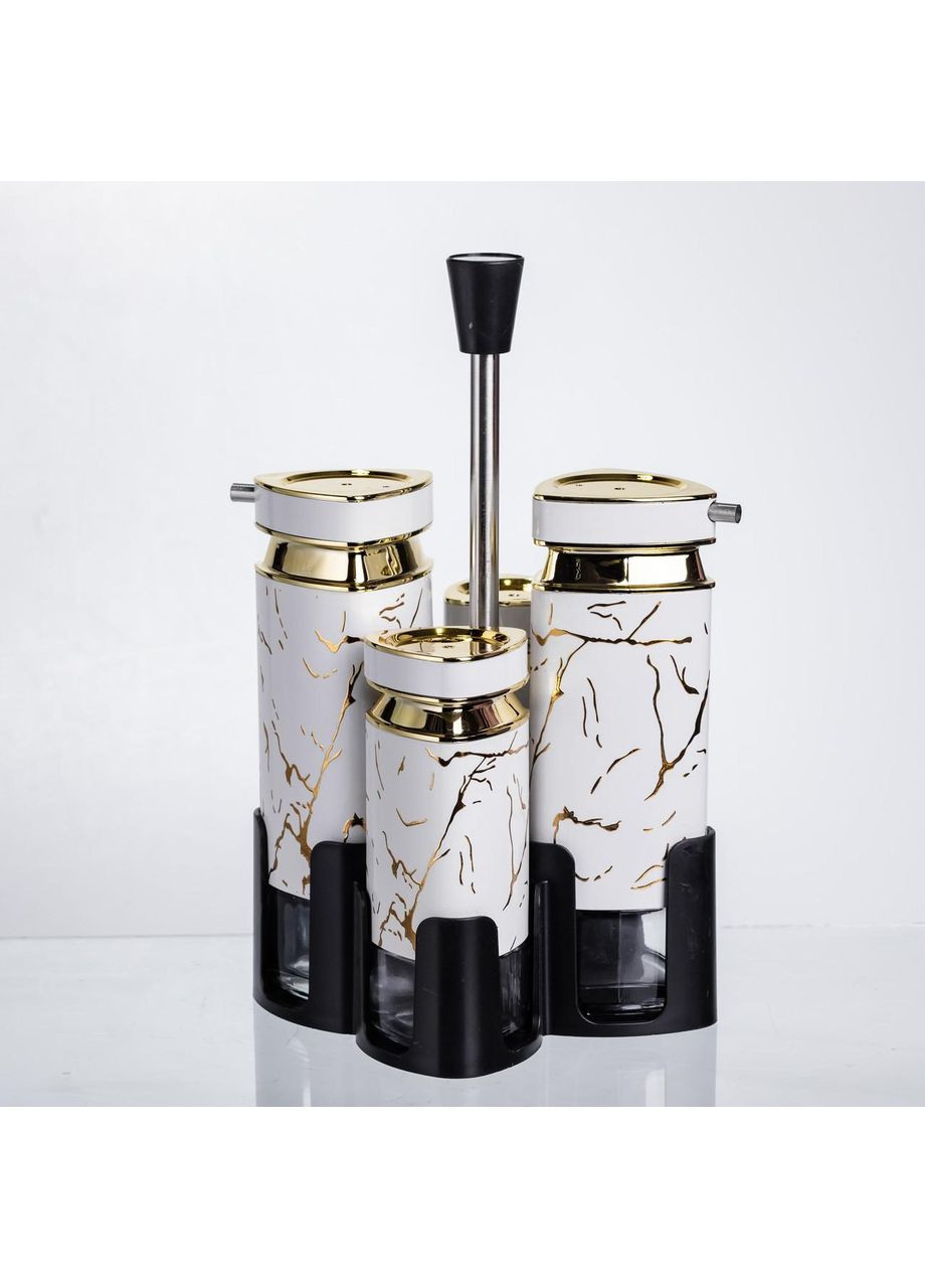 Набор баночек для специй и жидких текстур 4 предмета на подставке белый мрамор HP-1331 Yiwu (368766943)