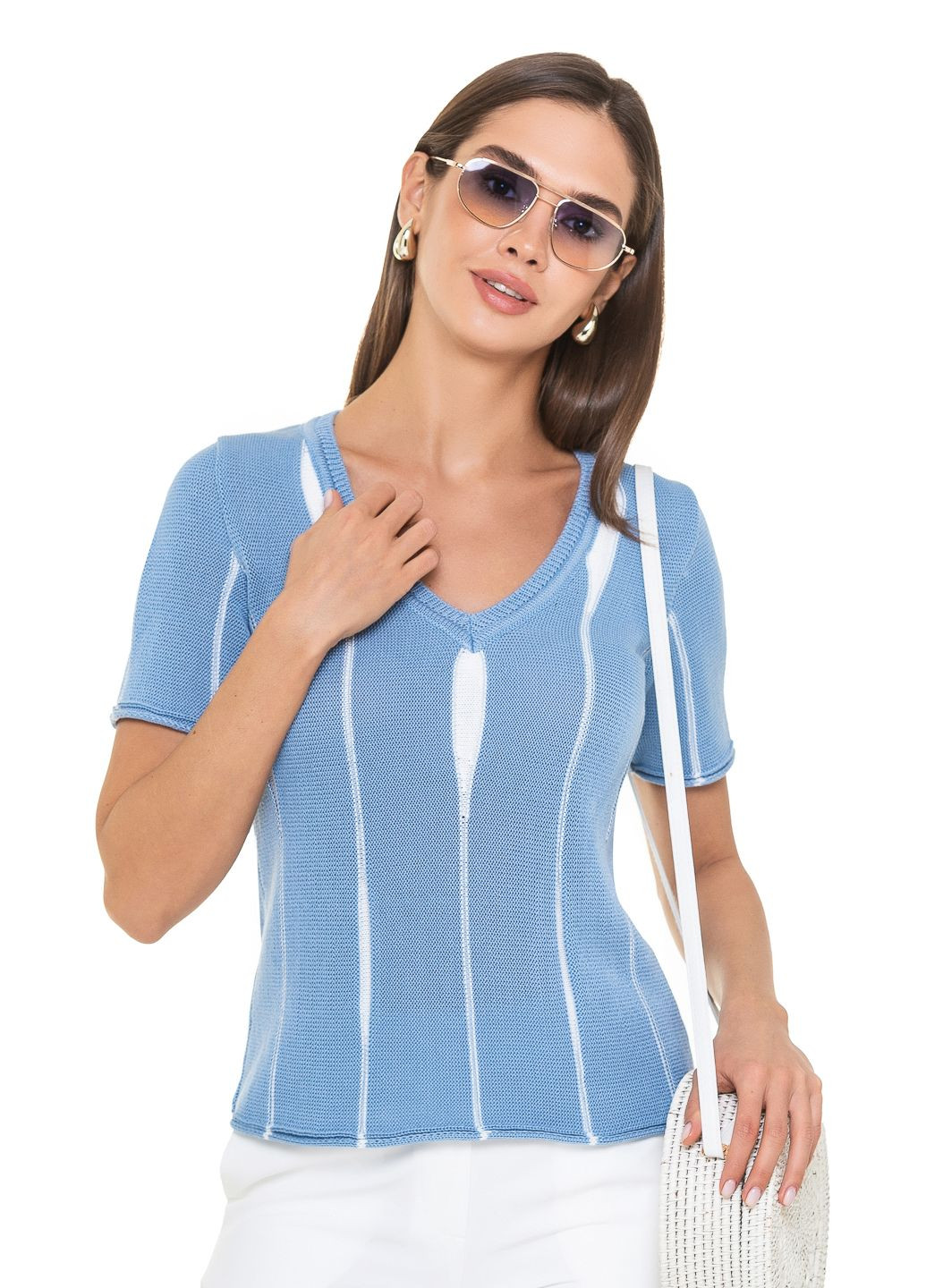 Голубой женский тонкий джемпер с вертикальным цветным узором SVTR