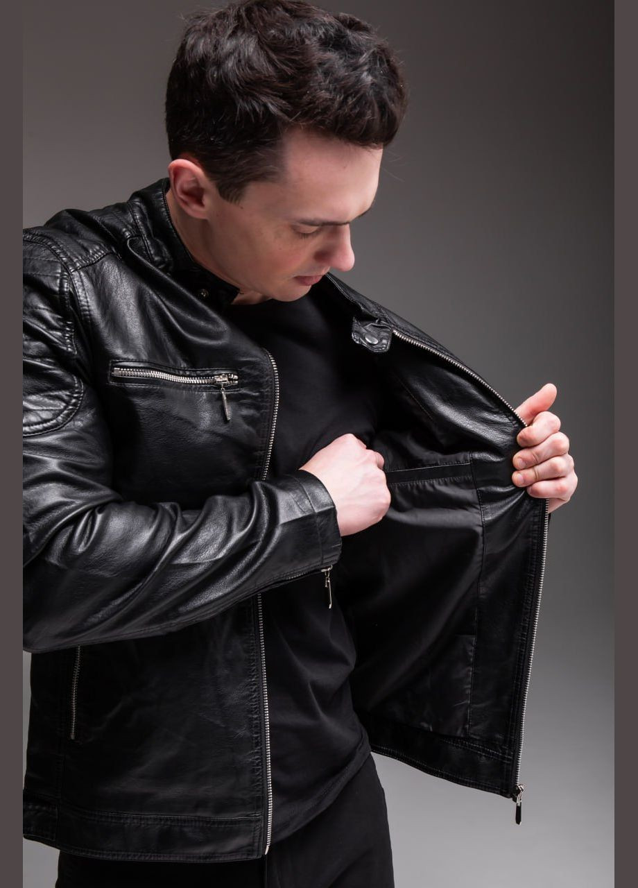 Чорна демісезонна шкіряна куртка на підкладці No Brand