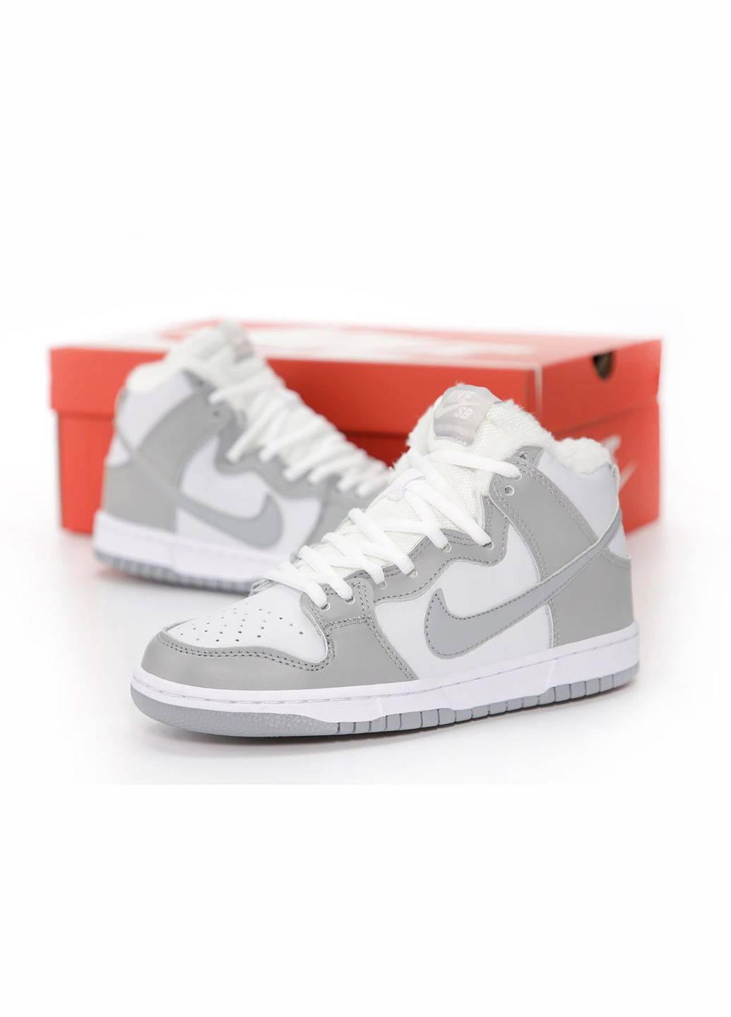 Сірі Зимовий кросівки зимові чоловічі і жіночі nike sb dunk winter high gray white fur | найк сб данк високі сірі білі з хутром No Brand