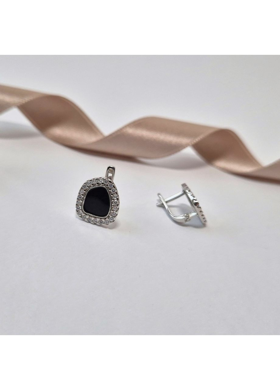Срібні сережки з Чорною емаллю та білими каменями срібло 925 проби Родоване 1609с 2.14г Nobrand (370438619)