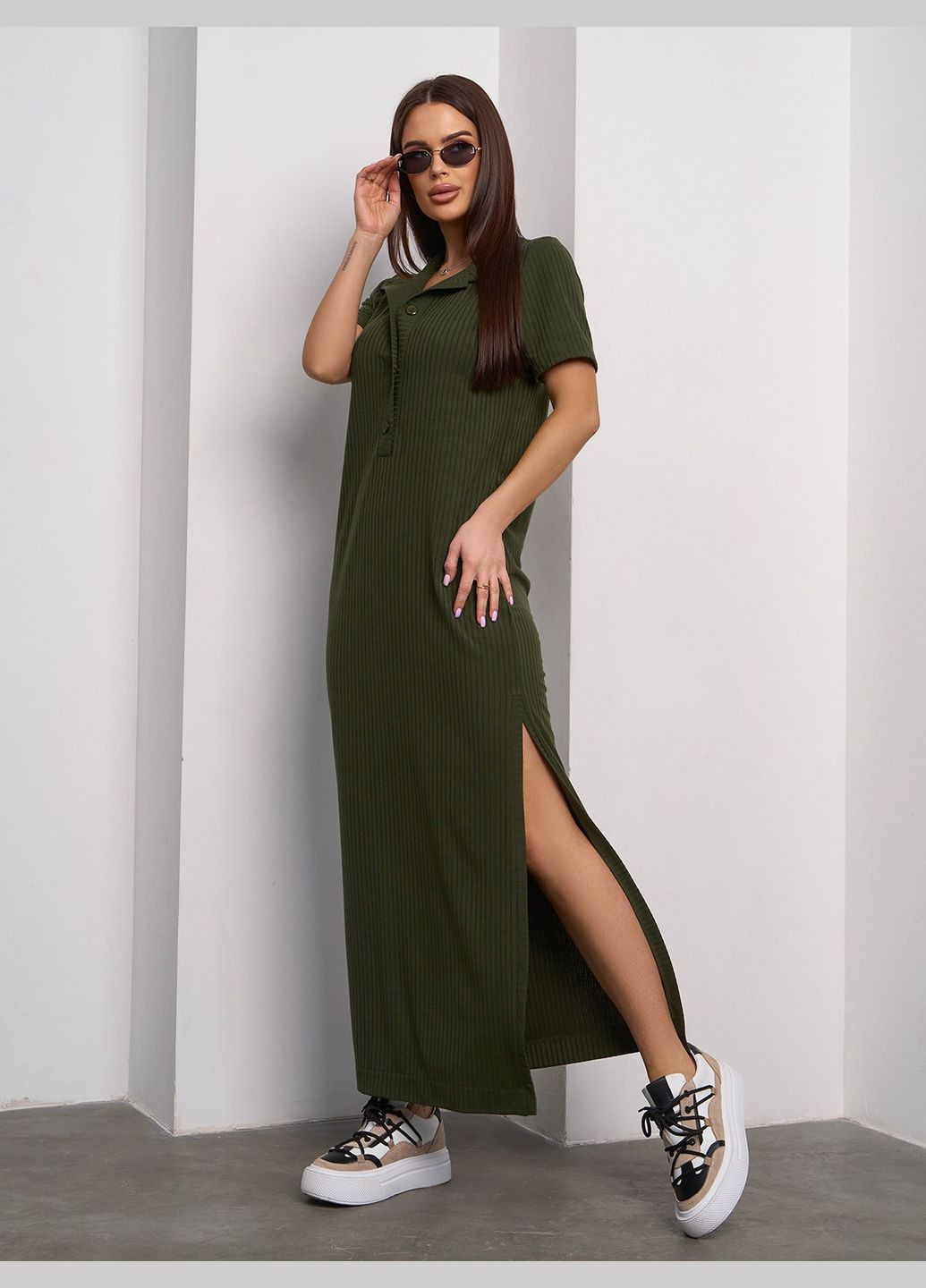 Оливкова (хакі) спортивна, повсякденний, кежуал фактурна сукня-поло з боковим розрізом поло No Brand