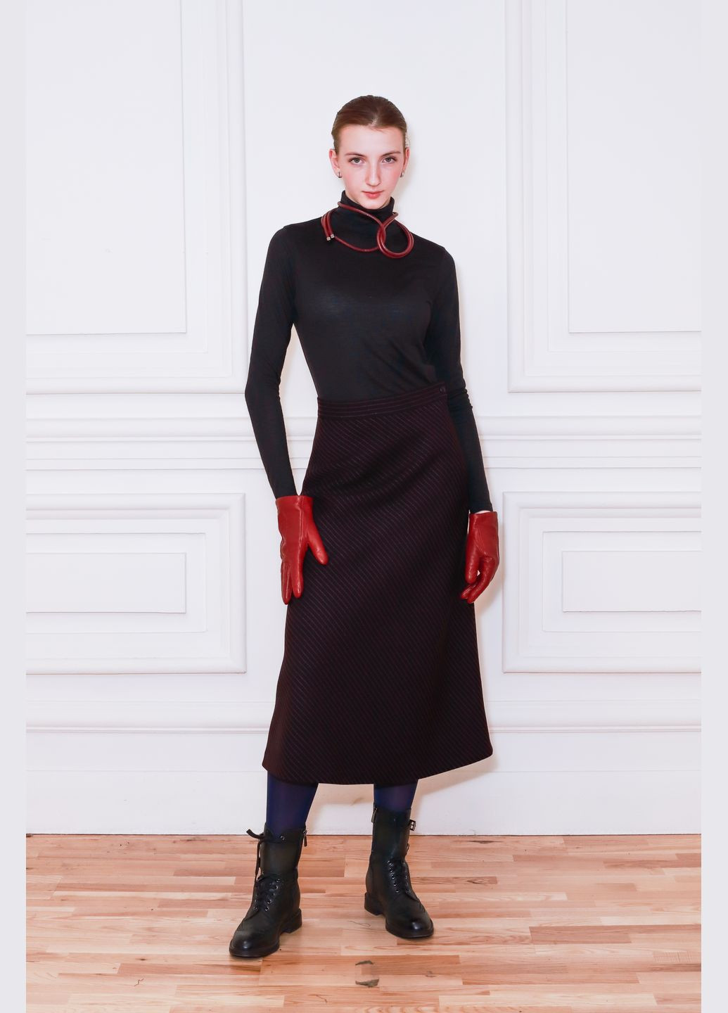 Темно-бордовая офисная черно-бордовая полосатая юбка из шерсти ридженс Dolcedonna а-силуэта (трапеция)