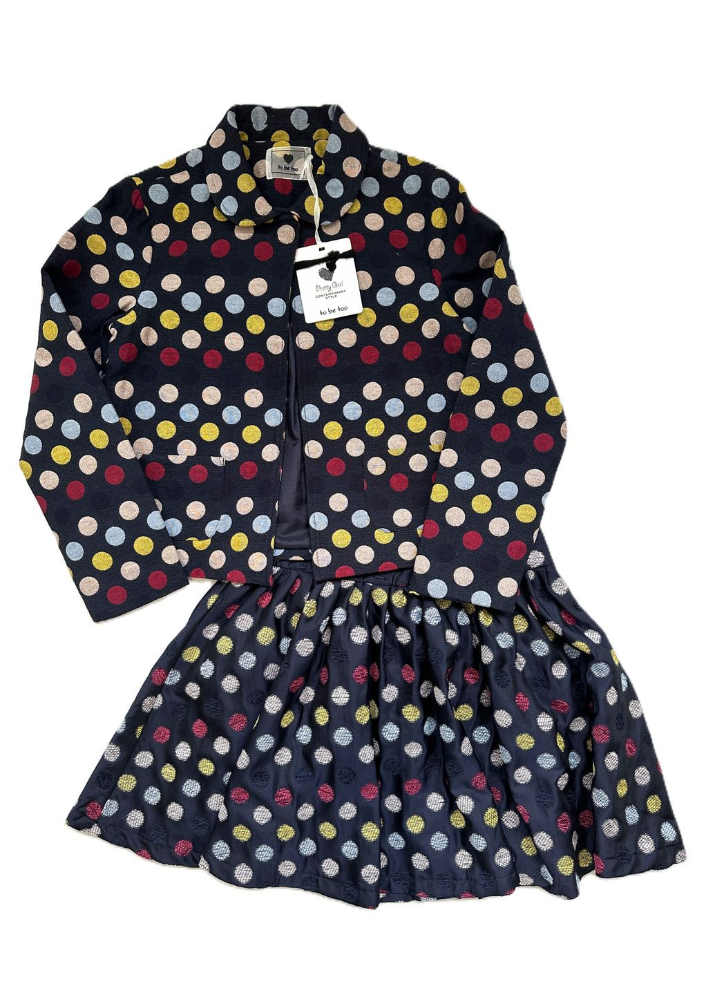 Темно-синий демисезонный костюм для девушки жакет + юбка темно-синий в горохе юбочный To Be Too