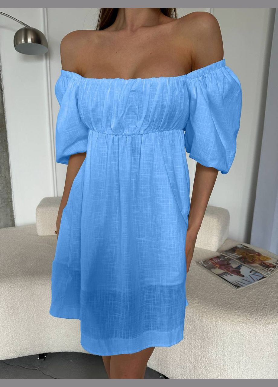 Блакитна кежуал легка сукня з натурального льону з пишною спідницею Adelante однотонна