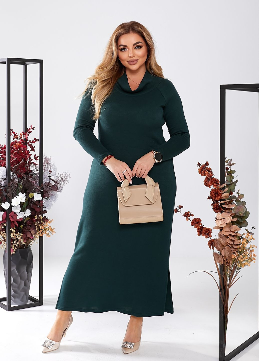 Зелена повсякденний, кежуал сукня-водолазка ангорова з довними рукавами силуетна, сукня-водолазка No Brand однотонна