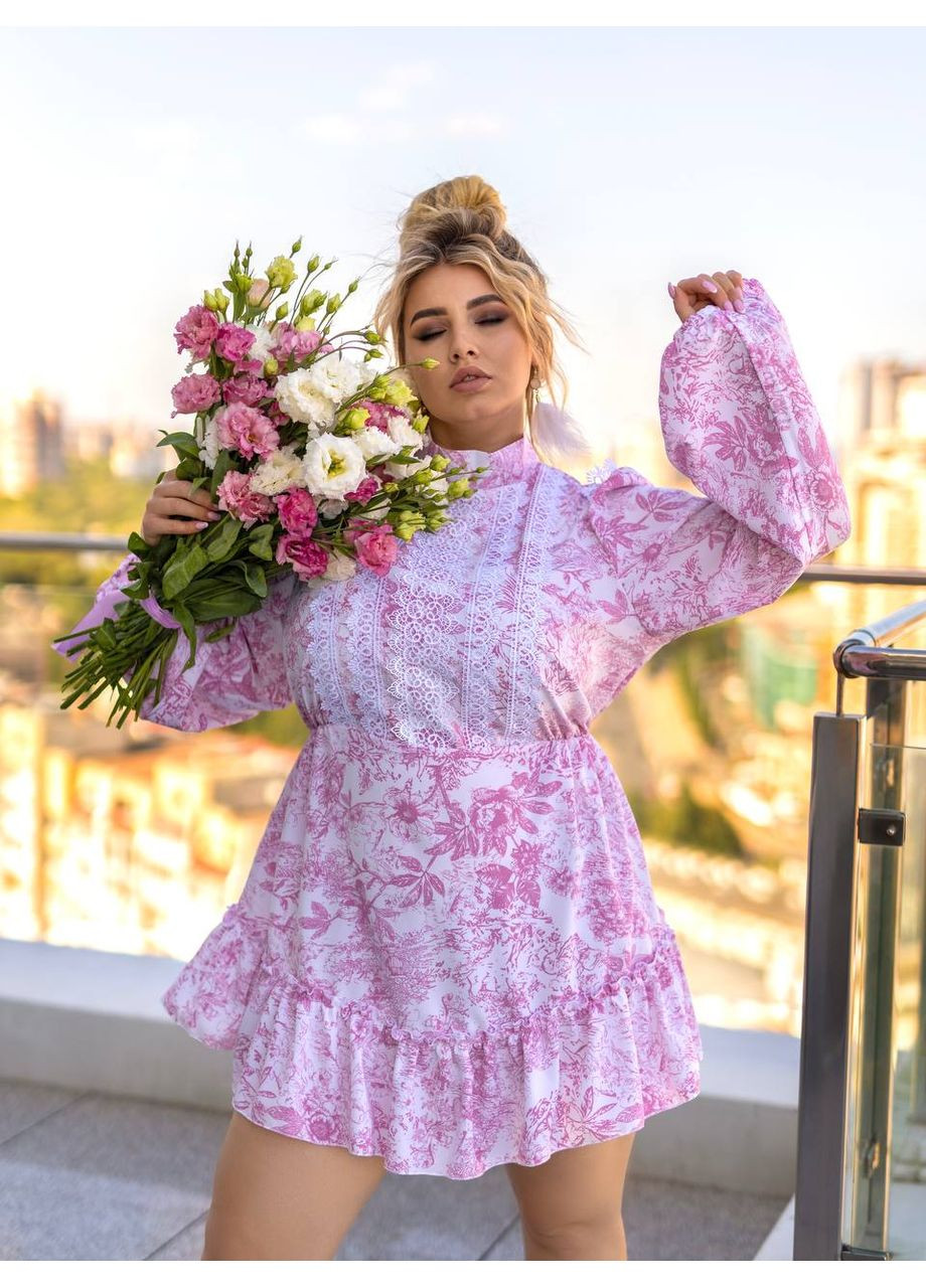 Розовое праздничный, коктейльное, повседневный, кэжуал, вечернее платье мини с кружевом бэби долл Україна с цветочным принтом