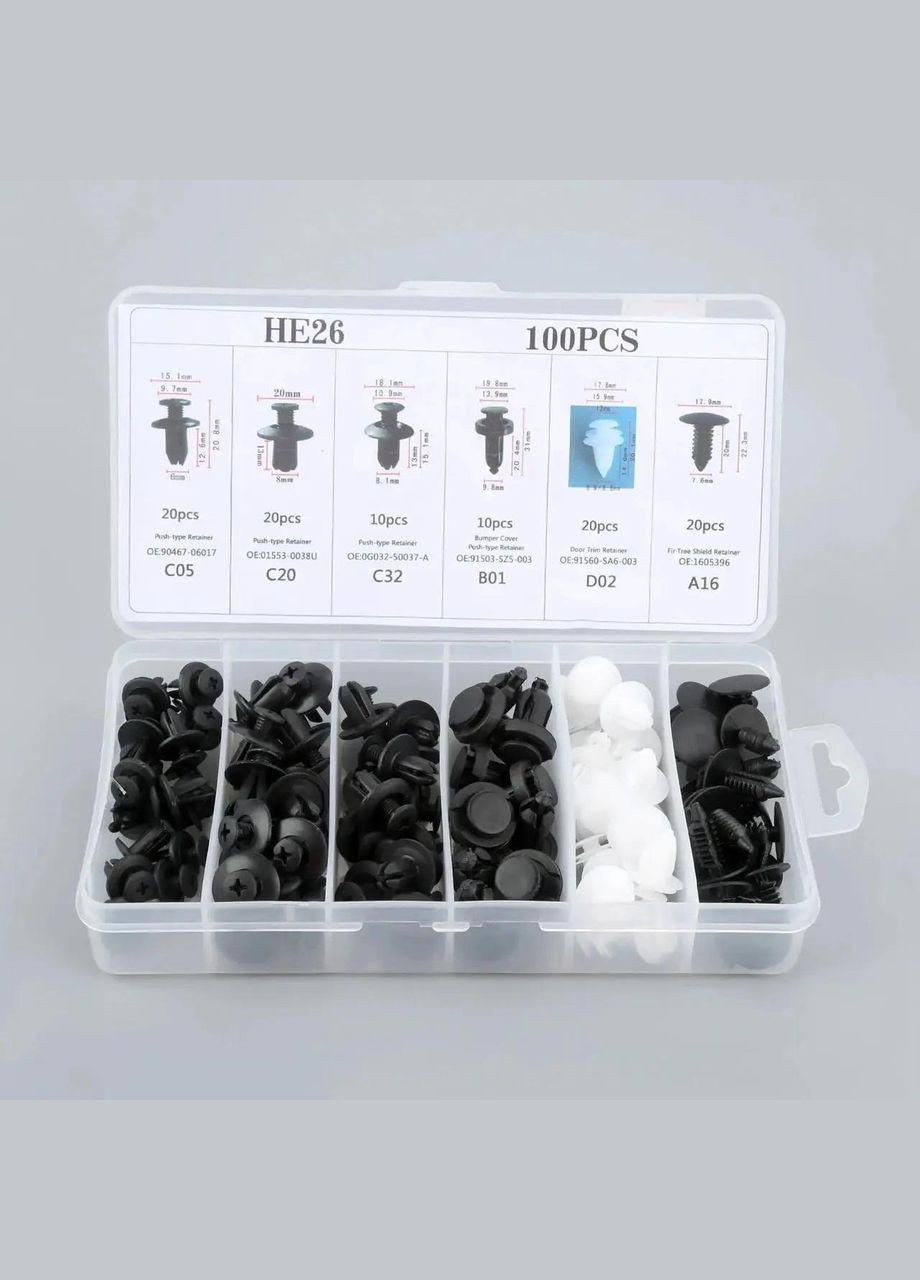 Набор клипс для салона авто 100 шт в кейсе универсальные автокрепления пистоны + 4 съемника (R051374-50611) Icar (349843782)