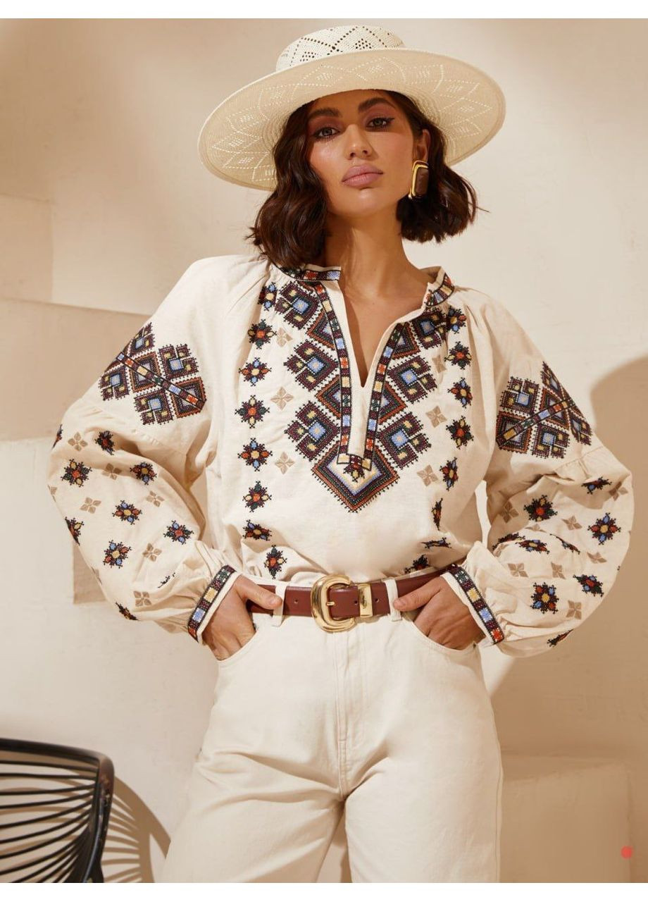 Бежева колоритна чорна блуза вишиванка з геометричним орнаментом, жіноча сорочка з вишивкою, етно рубашка вишита візерунок геометричний пряма, вільна бавовна, поліестер (352189086)