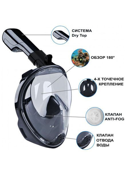 Панорамная маска для плавания + водонепроницаемый чехол GTM (S/M) Черная с креплением для камеры Original Black Free Breath (272798763)