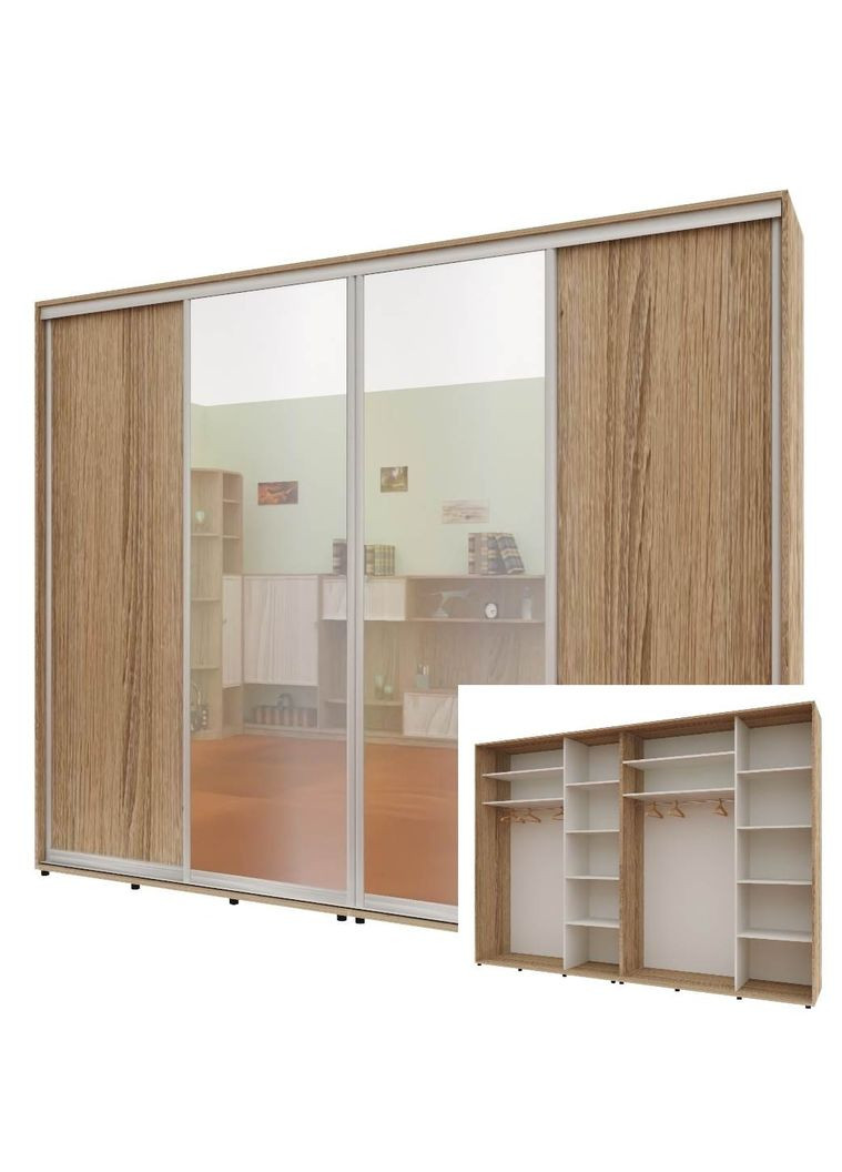 Шафа-купе чотиридверна 300*60*220 см Натуральний ДСП + Дзеркало + Дзеркало + ДСП Стандарт Комфорт Меблі (360447645)