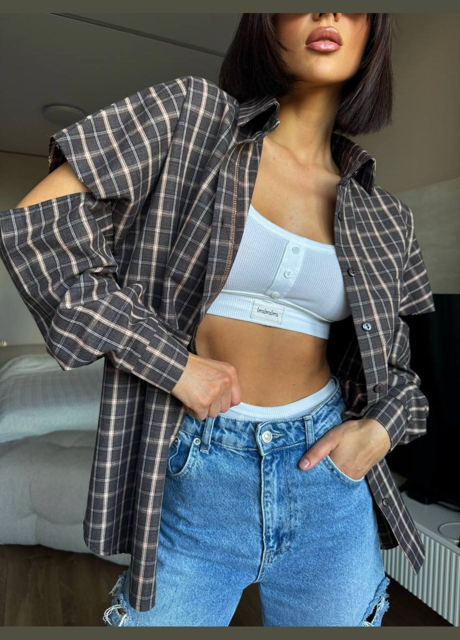 Коричневая спортивная, повседневный, кэжуал рубашка в клетку FINO Mode с длинным рукавом