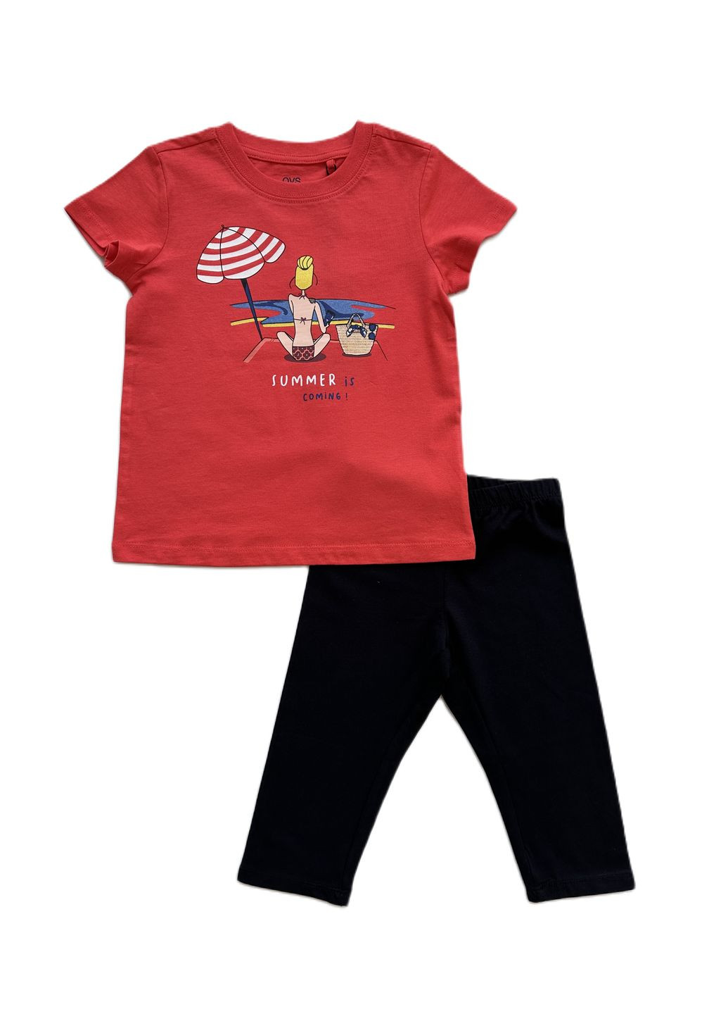 Красный летний комплект костюм для девочки футболка красный пляж 2000-11+ велосипедки черные трикотажные 2000-12 (104 см) OVS