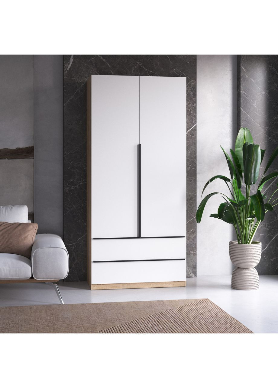 Шафа для одягу зі штангою та полицями, 2 двері та 2 шухляди з чорними ручками M-30 Дуб Сонома-Білий фасад VAYS (373034276)
