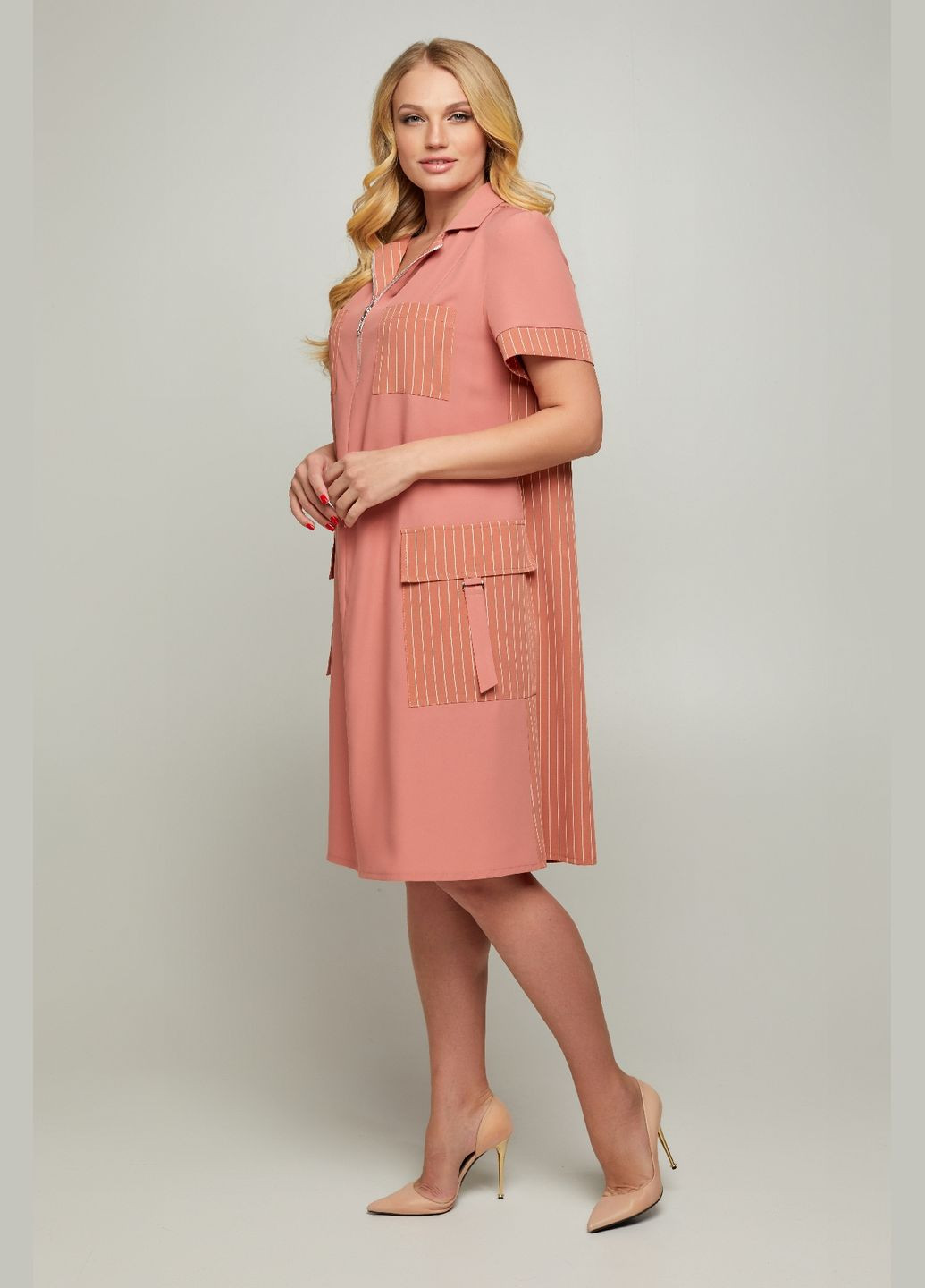 Персиковое повседневный летнее платье из контрастного льна свободного кроя с карманами all posa (ap100072p) A'll Posa