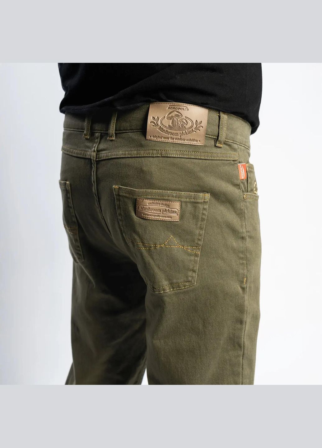 Джинси для грибників. Чоловічі джинсові штани з шкіряними елементами та тисненням "Гриби" ОД-2 Acropolis (338183019)