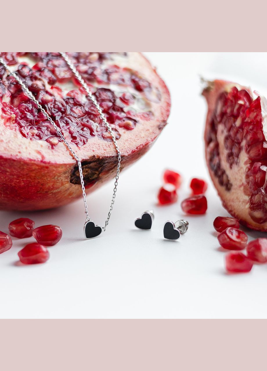 Кольє срібне маленьке Сердечко тонкому на ланцюжку з чорною емаллю Каштан (342335168)