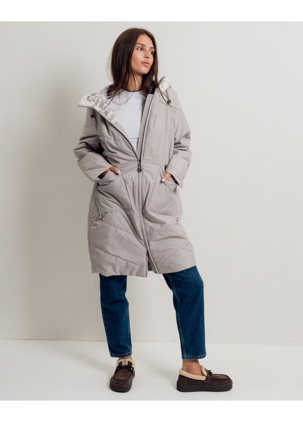 Світло-сіра демісезонна куртка довга демісезонна Jc.Rosy Pink