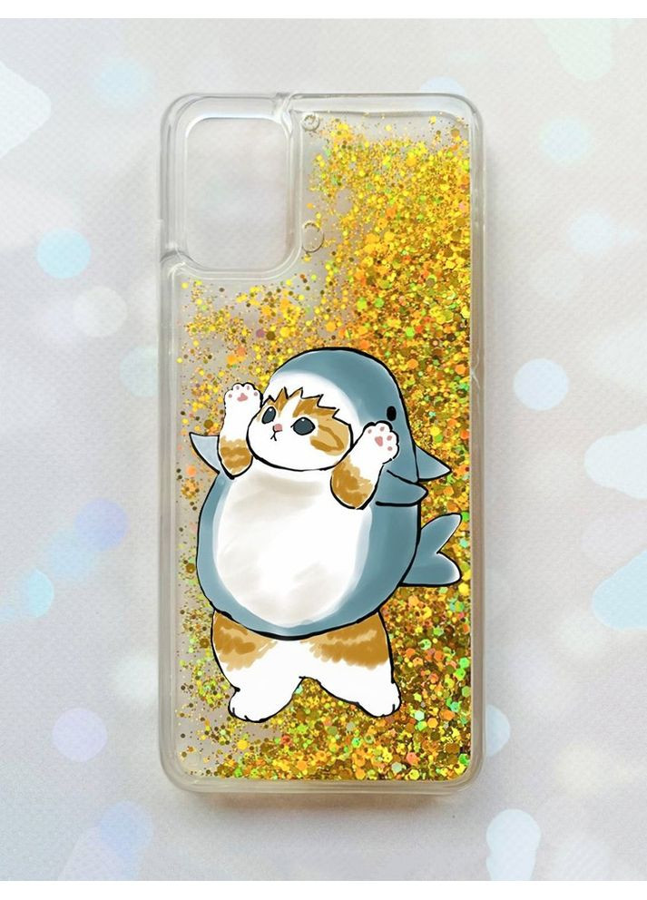 Чехол с плавающими блестками на Samsung Galaxy A02s Золотой:: Котик акула (принт 379) Creative (355395629)