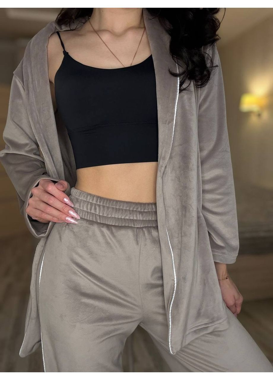 Бежевая всесезон пижама 0593 домашний костюм велюр мех с кантом, рубашка на поясе и брюки Україна