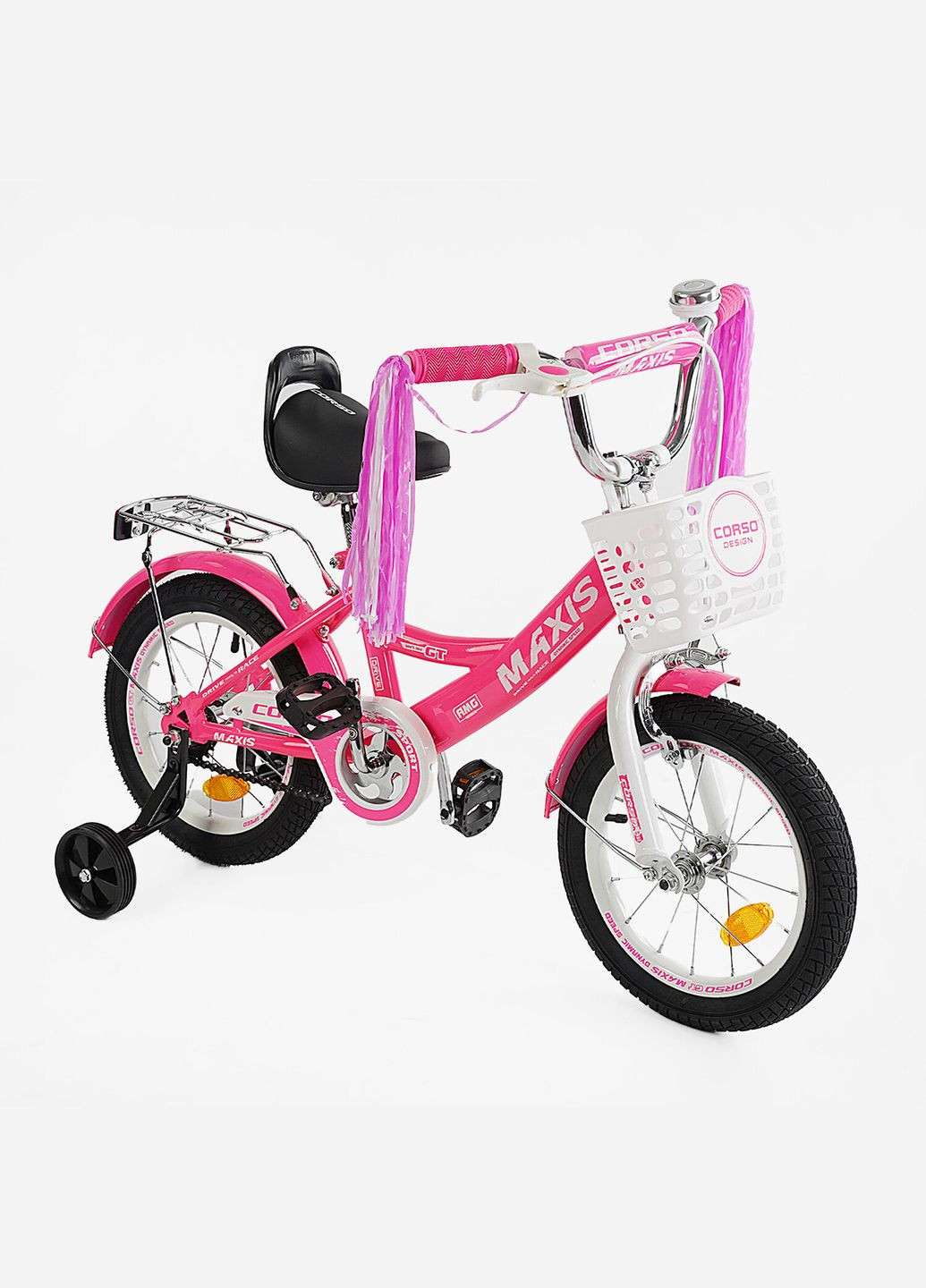 Велосипед 2-х колісний MAXIS 14 дюймів ручне гальмо сидіння з ручкою додаткові колеса Рожеве (CL-14705) Corso (316259353)