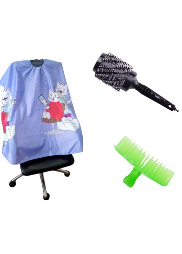 Набір "Дитячий Догляд та Укладання" 3 в 1: Керамічний термобраш d60, Пеньюар "Коти" блакитний та Щітка для шампуню Proline (363028579)