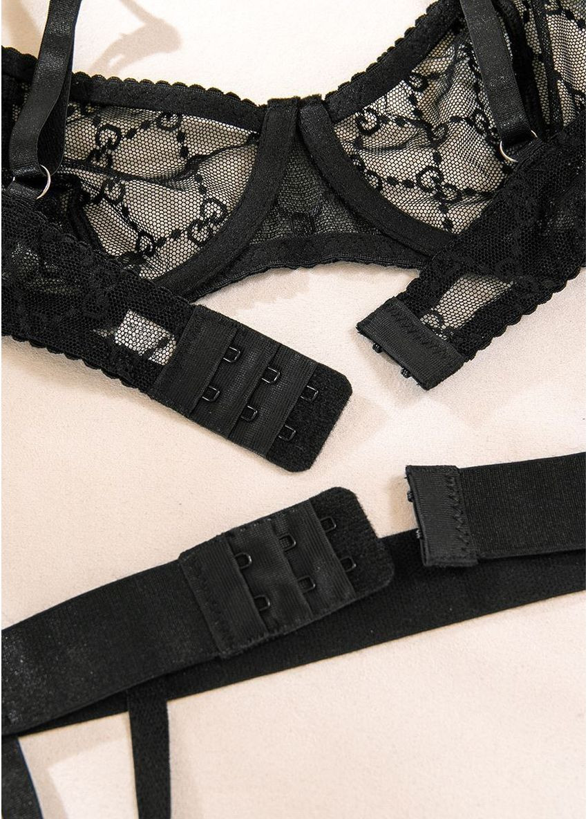 Чорний демісезонний стильний комплект білизни в сітку з гартерами на поясі спокуслива жіноча білизна з логотипом регуляторами застібка на гачках Cindylove