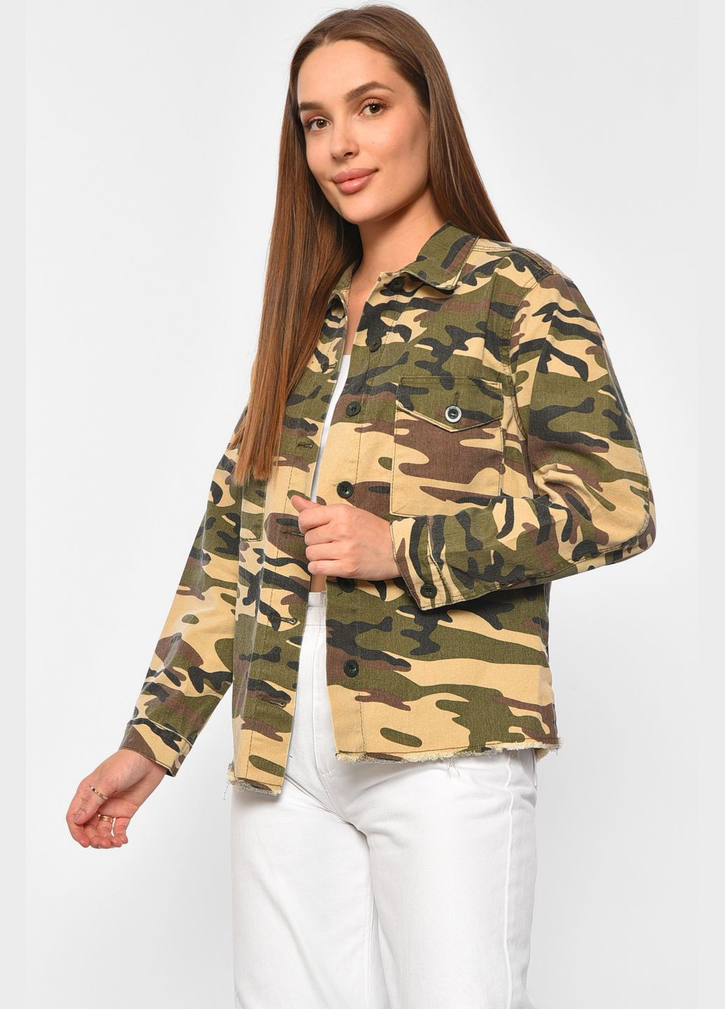 Джинсівка жіноча камуфляжна кольору хакі Let's Shop (302489080)