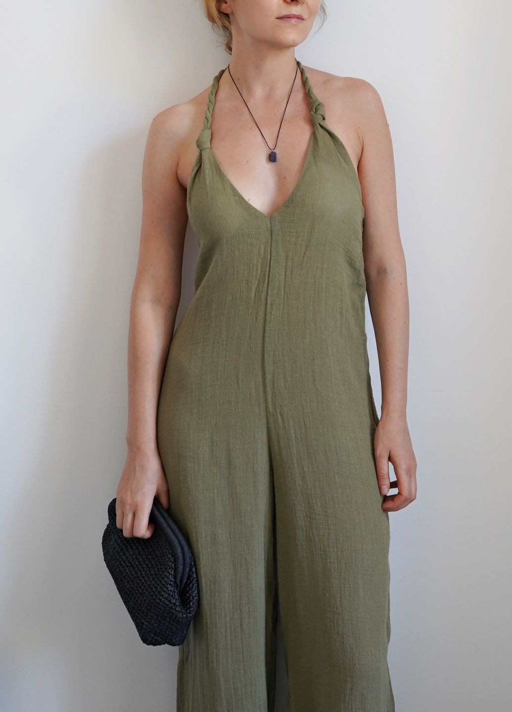 Комбинезон женский хаки из рами Zara комбинезон-брюки повседневный, пляжный хлопок, рами