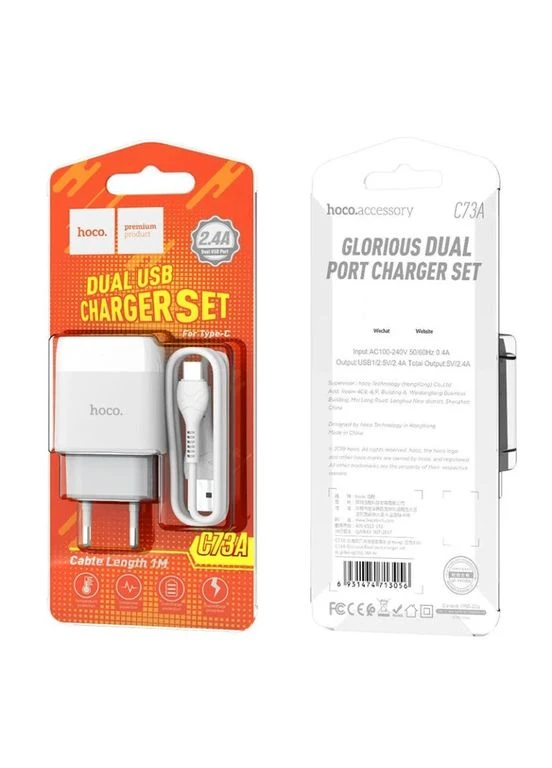 Сетевое зарядное устройство HOCO 12W 2xUSB Type-A огнеупорный поликарбонат белый No Brand C73A Glorious (401165126)