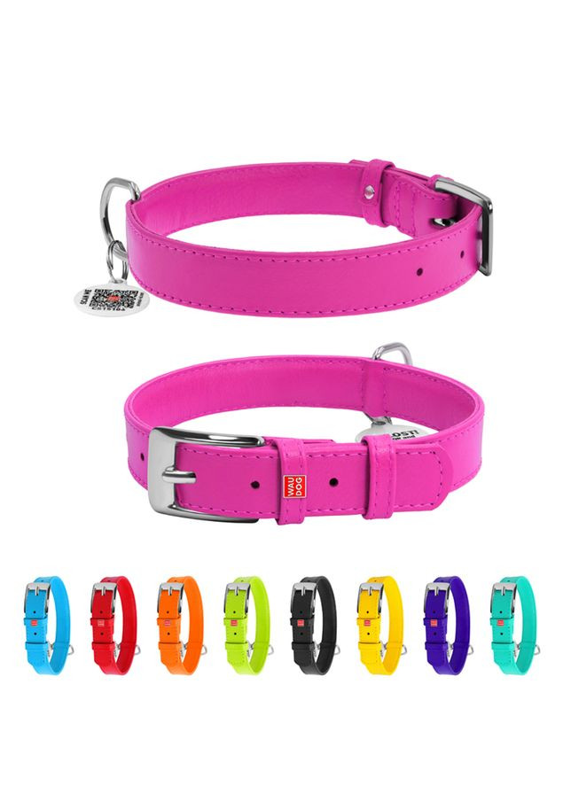 Нашийник для собак шкіряний Glamour з QR паспортом, без прикрас,, Ш 25 мм, Дов 38-49 см рожевий WAUDOG (322002513)