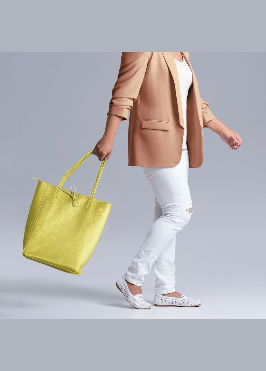 Шопер Лимонний - Італійська жіноча м’яка сумка-шопер із натуральної шкіри без підкладки на блискавці з внутрішньою кишенею TAKEASY (350612594)