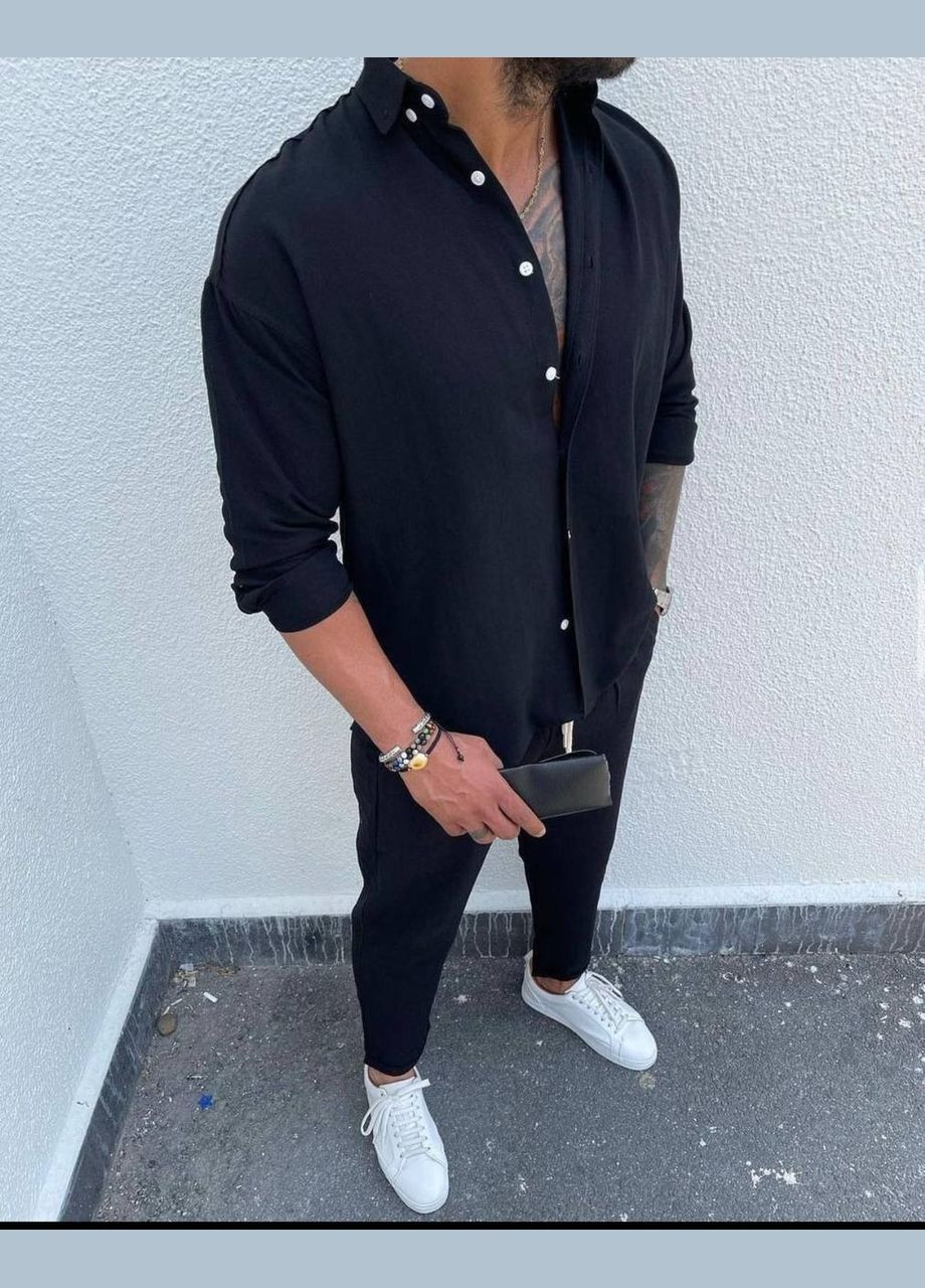 Чорний лляний костюм (сорочка+штани) Fashion