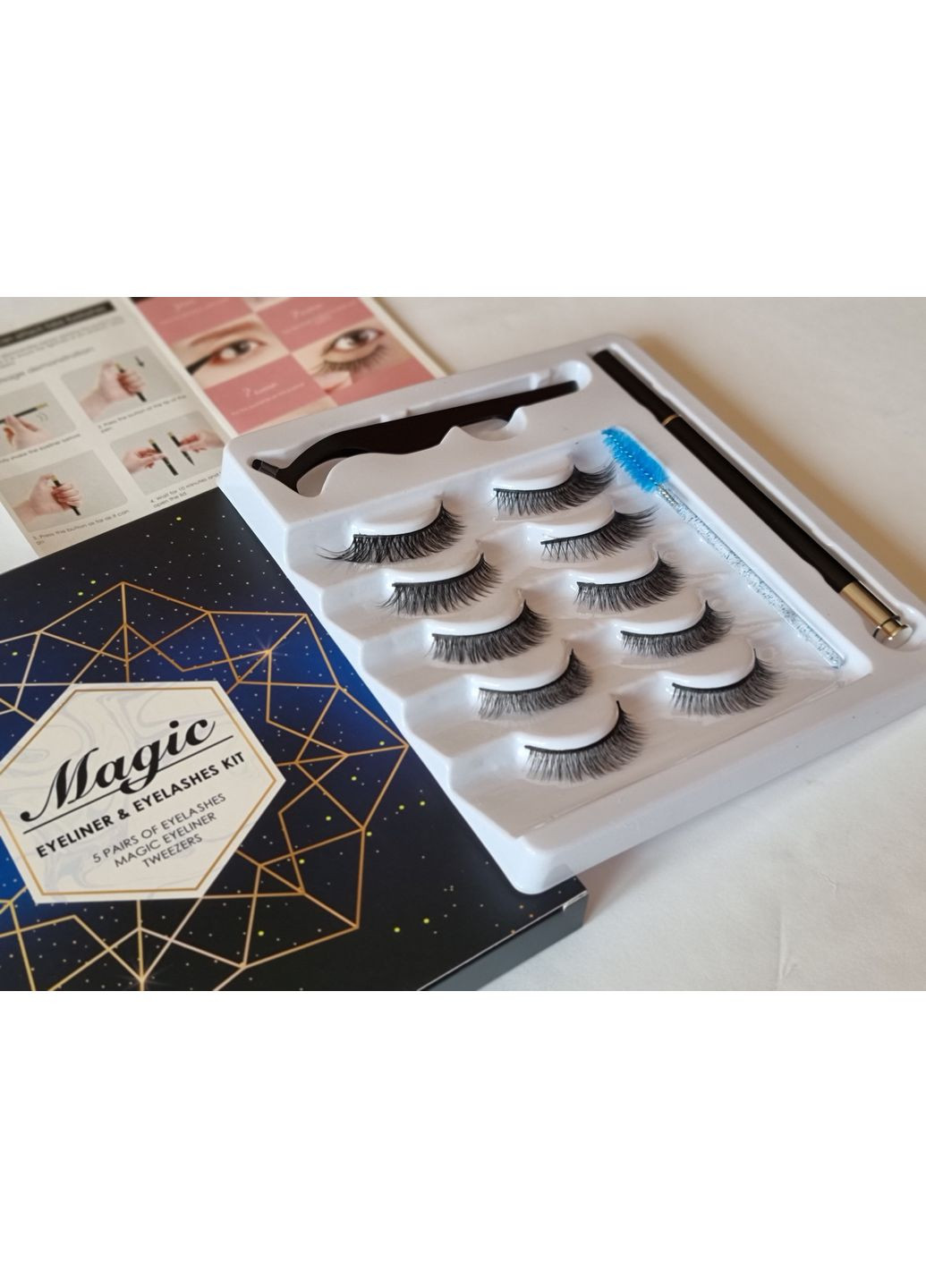 Набор многоразовых самоклеящихся ресниц 5 пар с прозрачным маркером подводкой и аппликатором Magnetic Eyelashes Magnetic Lashes (366668519)