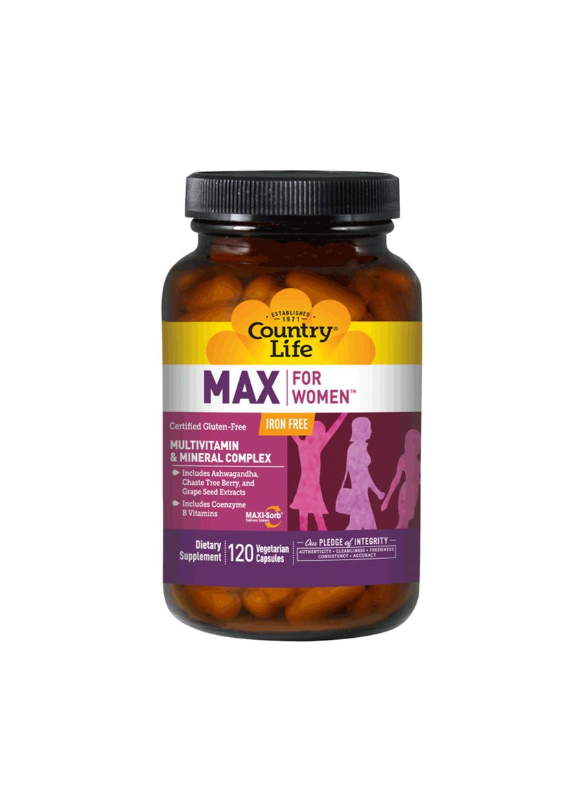 Мультивитамины и Минералы для Женщин без Железа, Max for Women,, 120 желатиновых капсул Country Life (326054214)