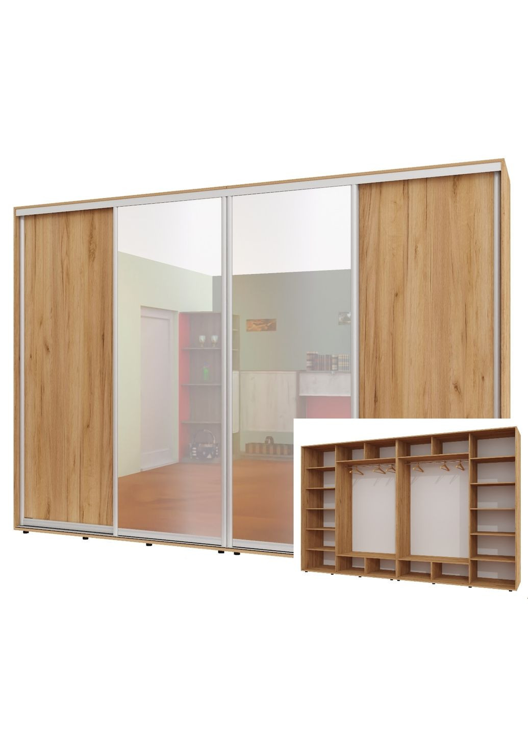 Шафа-купе чотиридверна 360*60*230 см Дуб крафт золотий 4 двері ДСП + Дзеркало + Дзеркало + ДСП ШК-02 Алекса (360474898)