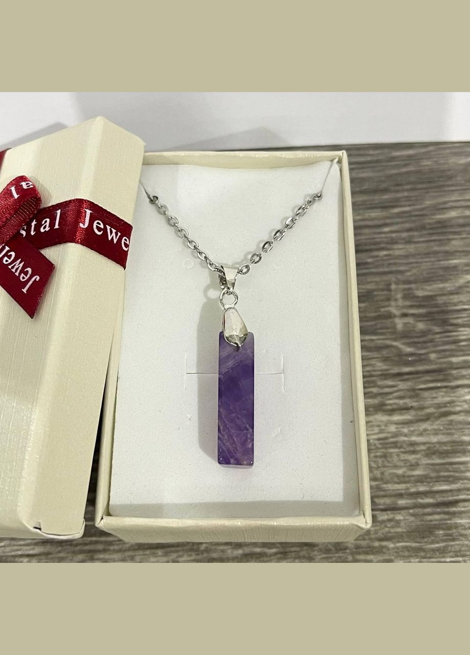 Кулон талисман с натуральным камнем Аметист прямоугольной формы на цепочке в подарочной коробочке Овен (331291931)