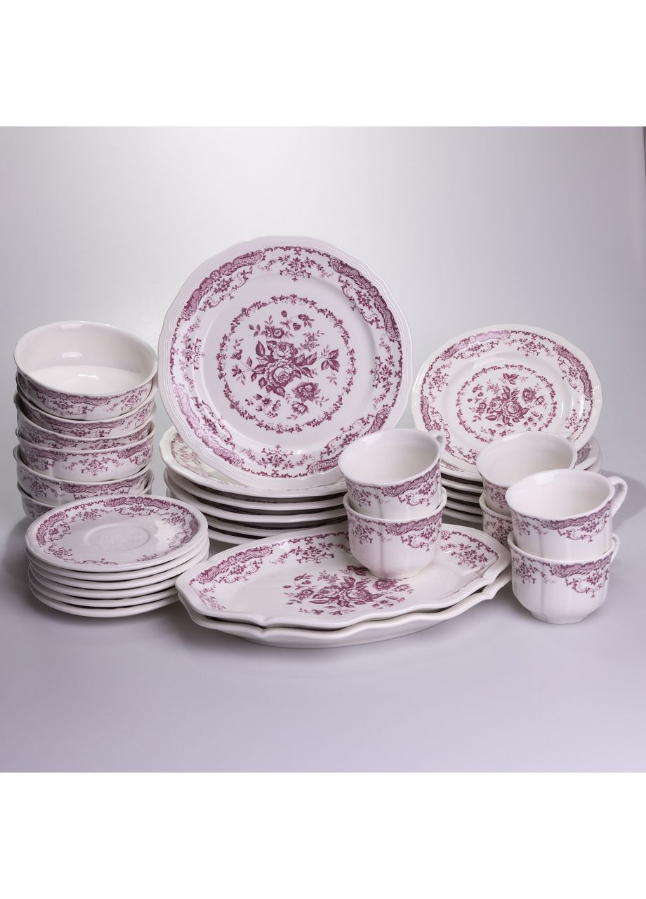 Столовий набір посуду тарілок і чашок 32 предмети на 6 персон «Бордовий Меандр» порцеляновий YY78-3A Yiwu (370802219)