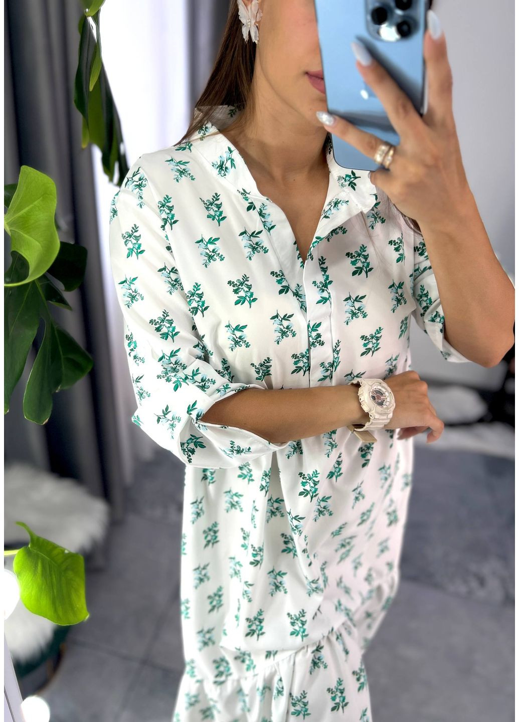 Зелена повсякденний, вечірня, кежуал жіноча сукня в квітку сукня-сорочка FINO Mode з квітковим принтом