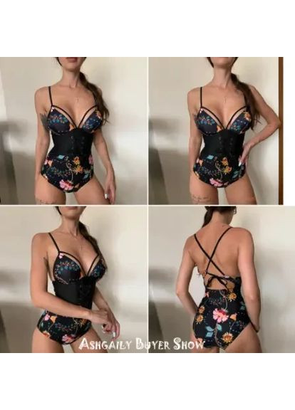Черный летний сплошная горелка с корсетом на шнуровке из эластана. сплошной купальник на корсетной завязке с цветочным принтом 2xl China