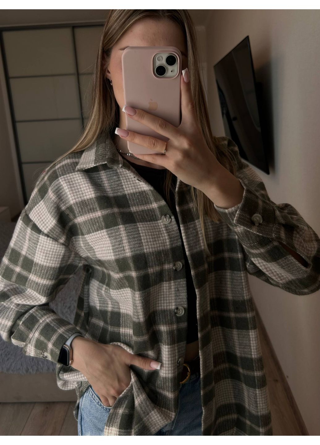 Оливковая повседневный рубашка в клетку DK/DL Мода без кордонів с длинным рукавом