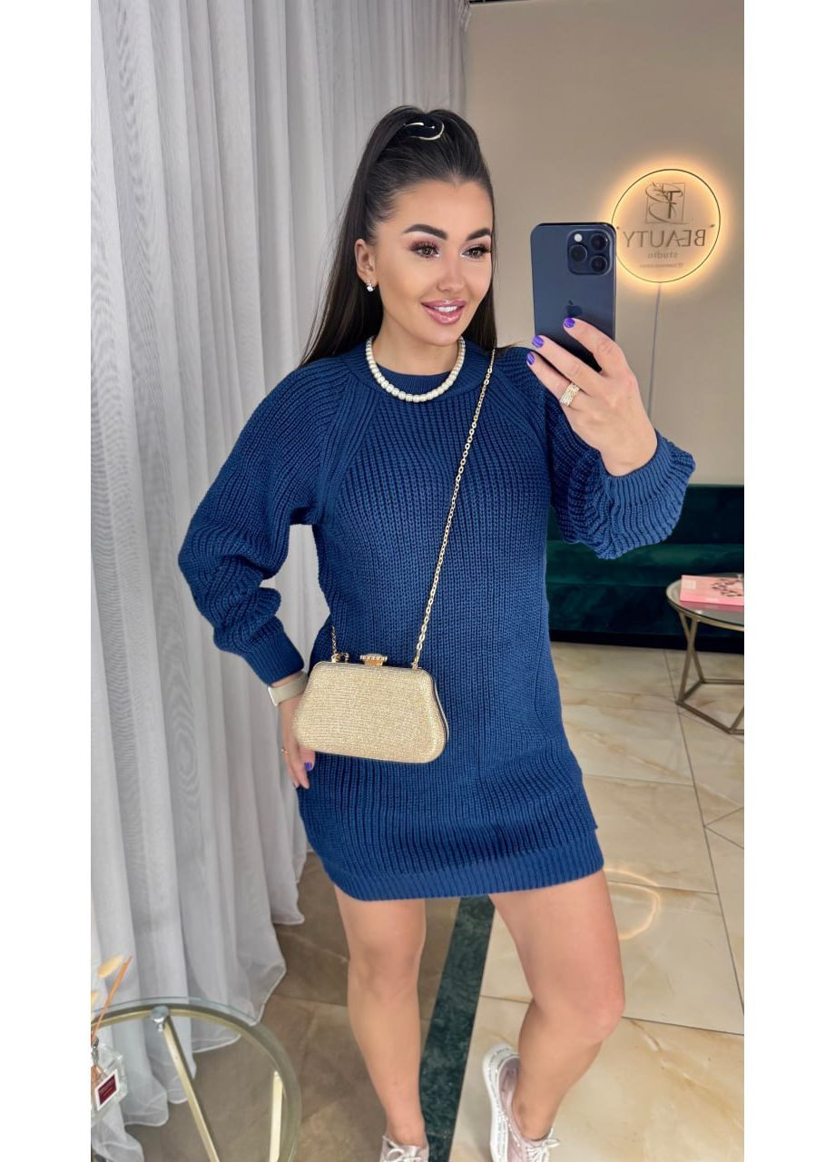 Синя святковий, повсякденний, кежуал жіноча в’язана сукня No Brand однотонна