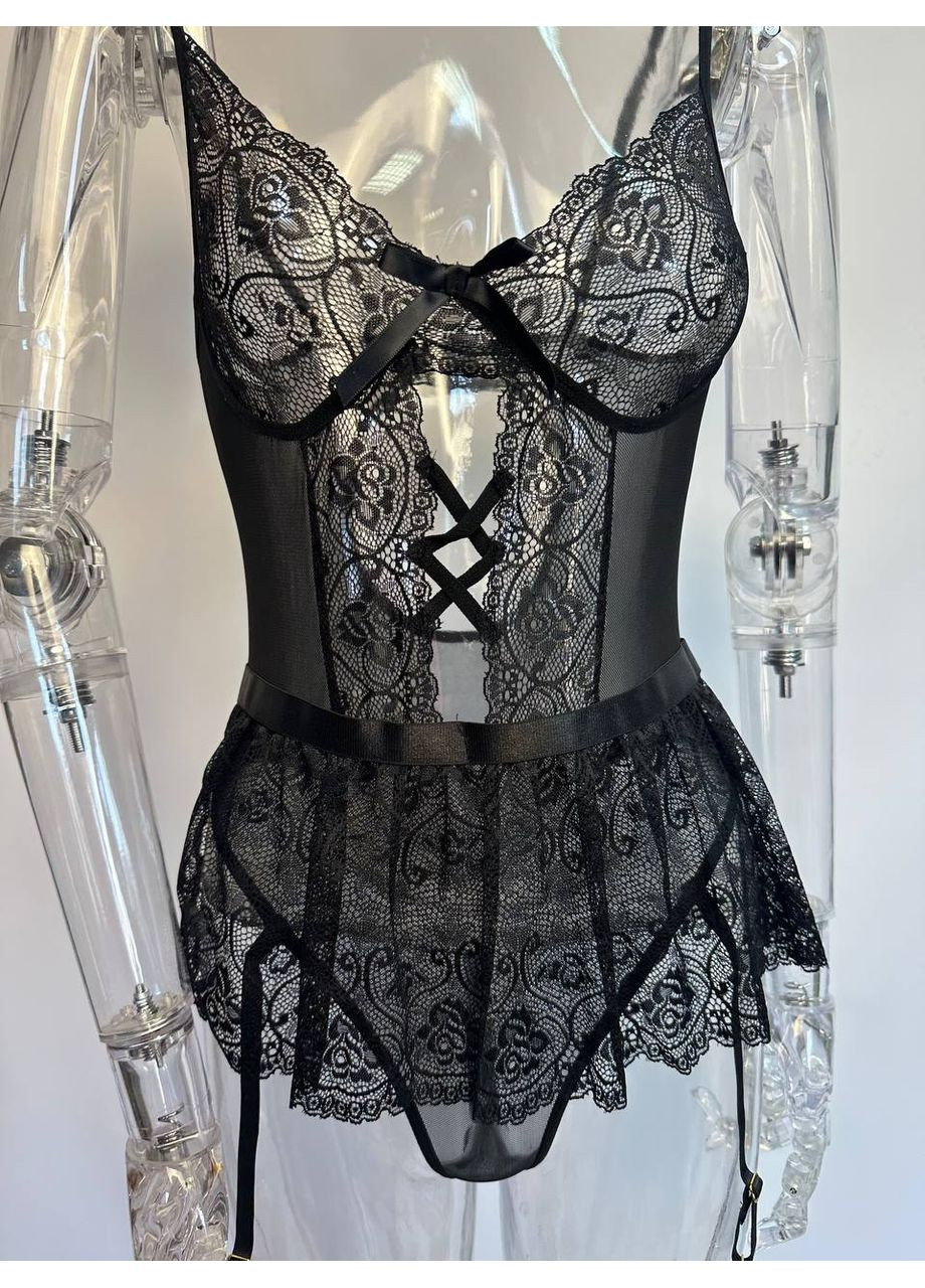 Спокусливий мягкий жіночий мереживний боді з вшитими підтяжками розмір 42-46 чорний No Brand Marchese (317299125)