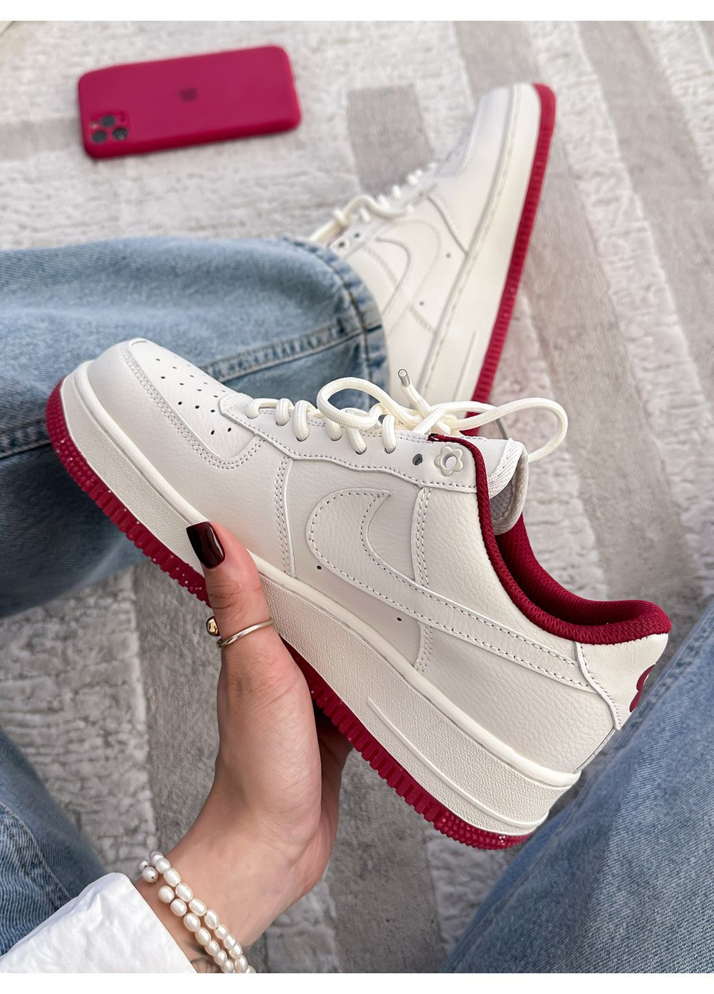 Кроссовки женские Nike Air Force 1 Low White Bordo | Найк Аир Форс 1 низкие белые No Brand белые демисезоны (350936271)