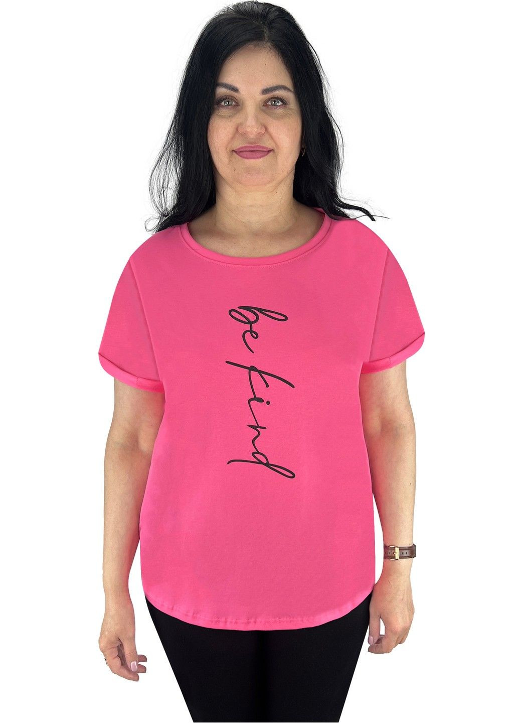Розовая футболка женская с накатом с коротким рукавом Жемчужина стилей 4693