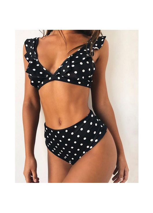 Черный летний раздельный женский купальник в горох. No Brand