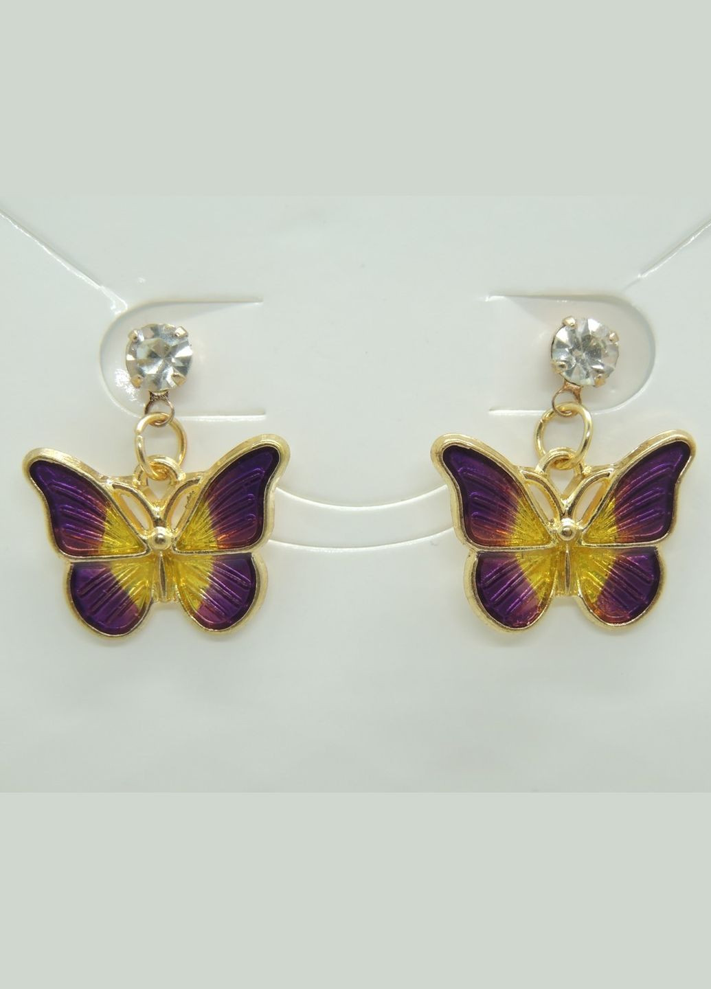 Сережки сережкигвоздики (пусети) фіолетово-жовті метелики емаль та фіаніти 2.0 см золотисті Liresmina Jewelry (285111071)